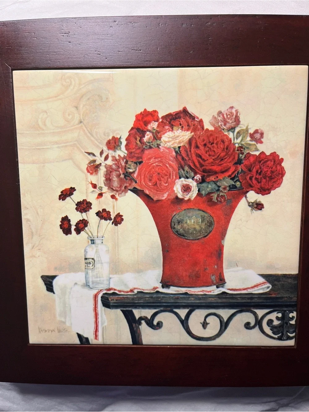 Kathryn White Signed Framed Roses & Linen Art Tile Wall Hanging 8